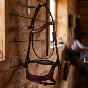 Bridon de cheval en cuir de qualité élégante avec muserolle à anse, marron foncé, design anatomique, fabricant grossiste - Product Image 3