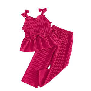 Conjunto de Verano a la Moda para Niñas, Top Rosa Intenso Transpirable con Pliegues y Volantes, Decoración de Lazo de Mariposa, Pantalones a Juego - Product Image 1