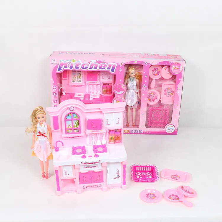 Pink Gourmet Kitchen Cooking Toy Play Set Play House & Accessories with Doll Girls Pretend Play