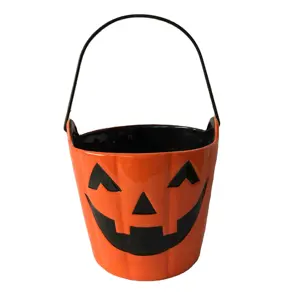 Ceramic Halloween Pumpkin Jack O Lantern Candy Basket Metal Handle Treat Bowl Dish