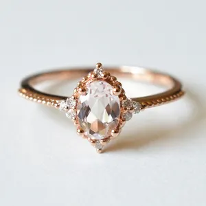 14k Rose Gold Oval Pink Morganite Diamond Halo Engagement Ring Genuine Gold Fine Jewelry