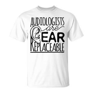 T-shirt promozionale per audiologi con stampa 'Ear Replaceable', per adulti, unisex, bianca - Product Image 1