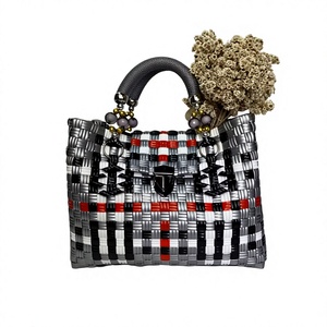 Handmade Woven Plastic Reusable Bag Eco Friendly Plaid Shopping Basket <b>Handbag</b> With Beaded Handle And Secure Metal Lock - Product Image 1