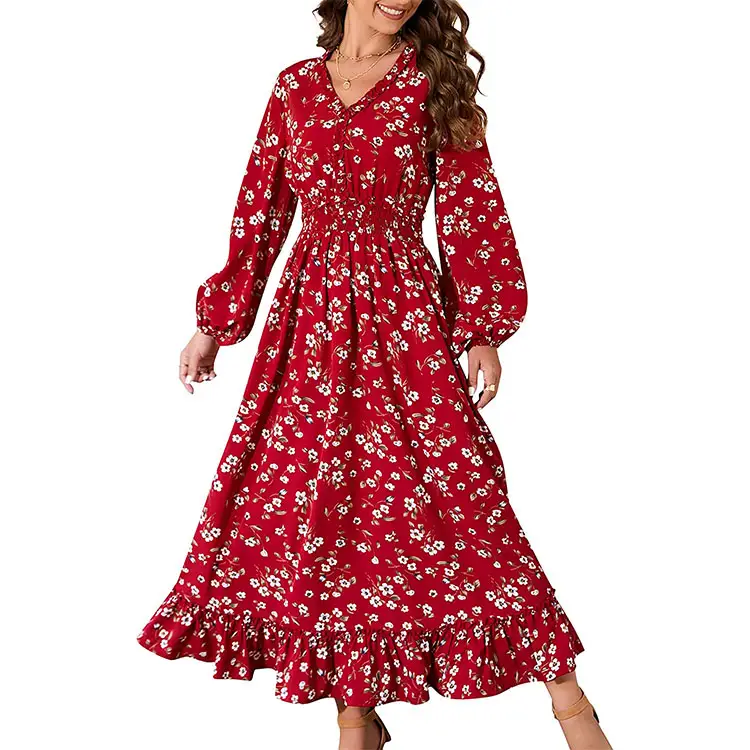 Casual V Neck Boho Floral Print Fall Long Dresses Wedding Guest Maxi Dresses for Women Bohemian Flowy Maxi Dress