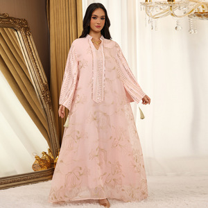 Abito Lungo Rosa Modesto con Perline per Donne Musulmane Taglia Unica in Poliestere Stile Abaya Indonesiano Marocchino per Occasioni Eid MOQ 2pz - Product Image 6