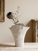 Vase en céramique gaufré floral, cuit à haute température, style Wabi-Sabi, avec bord ondulé, pour la décoration de table de salon