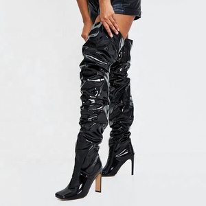 Nouveautés : Bottes hautes pour femmes à bout carré, design plissé, talons épais, longueur au-dessus du genou, grandes tailles 43 - Product Image 1