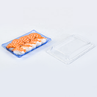 Plateau à sushi jetable en PET rectangulaire bleu recyclable, boîte alimentaire en plastique, boîte à emporter, plateau d'emballage à sushi avec couvercle transparent