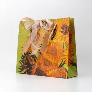 Van Gogh Sunflower Art Paper Bags with Handles for Business Gifts Wedding Favors Shopping Goody Bags