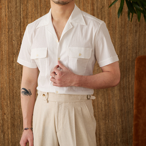<span class=keywords><strong>Camicia</strong></span> Estiva da Uomo Slim Fit in <span class=keywords><strong>Seersucker</strong></span> con Colletto Camp, Traspirante, di Alta Qualità, Versatile, per Business, a Maniche Corte - Product Image 1