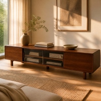 Meuble TV sur mesure long de 55 à 59 pouces (2200 mm) en bois massif, verre et métal, console multimédia en bois d'acajou africain avec rangement pour salon