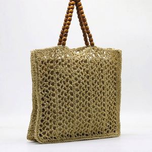 Bolso de playa de malla de ganchillo hueco para mujer, novedad de verano 2025, con asa de cuentas de madera - Product Image 6