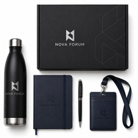 Ensemble cadeau pour conférencier avec logo personnalisé, comprenant une bouteille gravée, un carnet de notes de qualité supérieure, un stylo en métal, un porte-badge et une boîte cadeau
