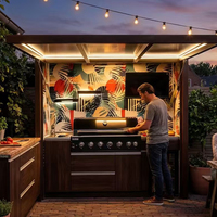 Cuisine extérieure intégrée de luxe, îlot barbecue intelligent avec auvent motorisé, éclairage LED mural, pod modulaire préfabriqué