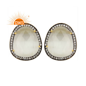 Pendientes de Piedra Lunar Blanca, Plata 925 Chapada en Oro de 14k, Estilo Indio, Fabricante de Joyería - Product Image 1