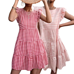 Vestido de Verano para Mujer, Modelo 5201 2025, Rojo, a Cuadros, Estilo <span class=keywords><strong>Imperio</strong></span>, Dulce, Tejido, Hasta la Rodilla, Cuello Redondo, Sin Mangas, con Volantes Negros - Product Image 1