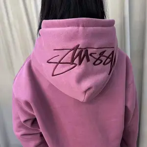 Custom logo embroidery fleece hoodies women 100% cotton drop shoulder oversized hoodie solid velour fleece men's hoodies