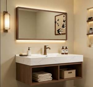 Mueble de Baño Independiente de Madera Clásico Personalizado, con Lavabo de Cerámica, Encimera de Piedra, Resistente al Agua, para Hogar Residencial - Product Image 2