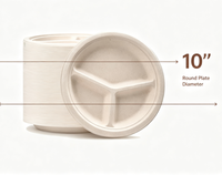 Assiette ronde compostable en bagasse de 10 pouces, assiette jetable biodégradable en pulpe de canne à sucre avec 2/3 compartiments