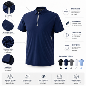 เสื้อโปโลแขนสั้นผ้าคอตตอนถักเนื้อนุ่ม 180gsm ป้องกันรอยยับ ซิป 1/4  พร้อมปักโลโก้คุณภาพสูงตามสั่ง สำหรับผู้ชาย - Product Image 3