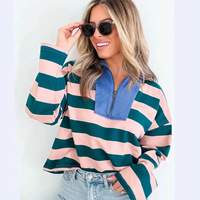 Sweat-shirt court rayé pour femme avec demi-zip, col contrastant matelassé, manches longues, pull décontracté, impression de logo personnalisée