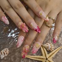 Faux ongles à presser en acrylique certifiés, style bord de mer, dégradé rose, fleurs 3D, coquillages, étoiles de mer, perles dorées, forme amande, longueur moyenne