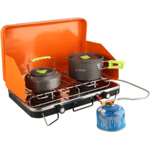 STARCAMP Réchaud à gaz extérieur portable à deux brûleurs Réchaud de cuisine pliable en acier pour camping Propane Butane Méthode d'application de pulvérisation de carburant - Product Image 1
