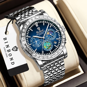Binbond Men's Watch Stainless Steel Strap Moon Phase Luminous Water Resistant Quartz Watch - Product Image 1