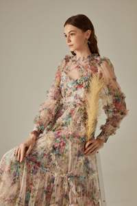 3XL 2XL Vestido largo de mujer 2025 Primavera Verano fiesta de boda señora encantadores estampados florales manga larga albaricoque negro vestido de malla - Product Image 2