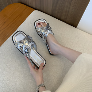 ashion Flat <b>Small</b> Cross Soft Slippers Womens Summer Outer Wear 2024 New Fashion Sequin Beach Cool231 231 - Product Image 3