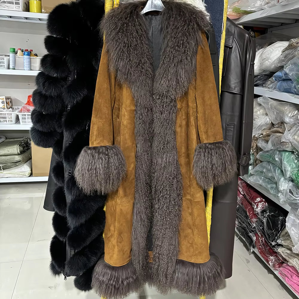 Camoscio cammello + pelliccia di pecora marrone scuro