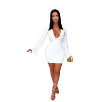 Robe moulante mini élégante à col en V profond et manches longues, style européen et américain, couleurs macaron, coupe ajustée sexy pour femme TW867