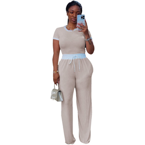 Ensemble 2 pièces décontracté pour femme : haut côtelé à col rond et manches courtes avec pantalon, couleurs contrastées, style urbain et tendance - Product Image 3