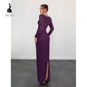 Quadratischer Ausschnitt Spitzen-Patchwork Schlitz-Taille Figurbetontes Langarm-Bodycon-Kleid mit Reißverschluss für Gesellschaftsanlässe - Product Image 5
