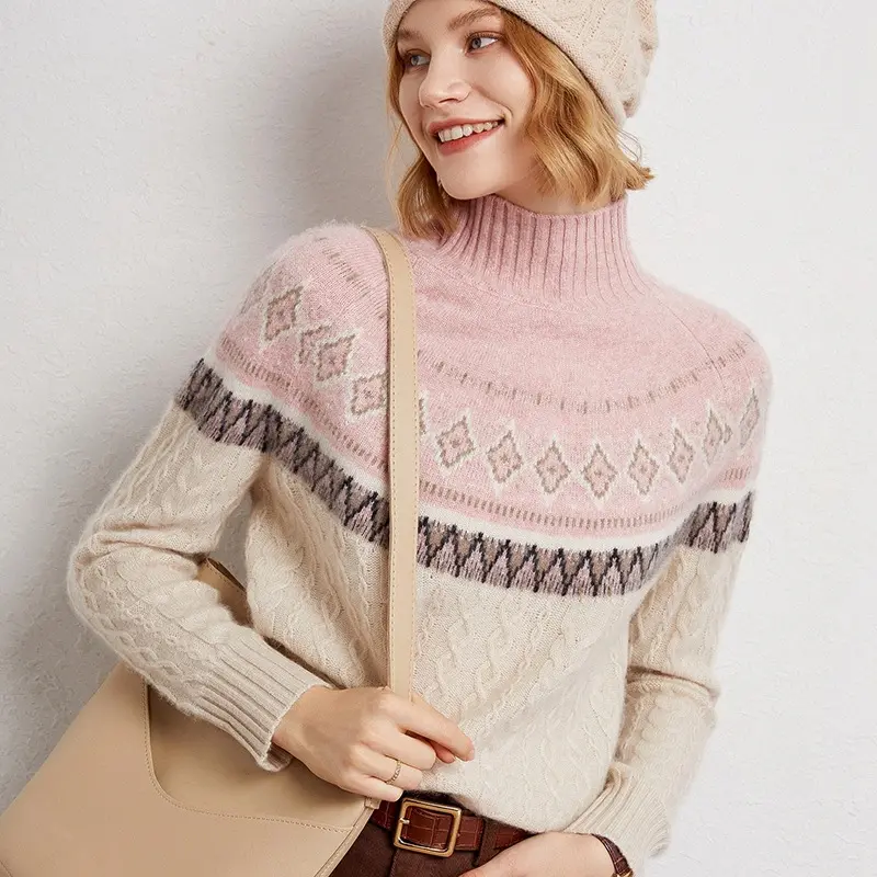 OEM Jacquard Thick High Collar Cashmere Sweater Retro Ethnic Pattern Color Block Striped Cable Knitted Sweater Women