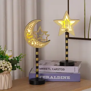 Lampu LED lebaran, lampu kayu dekorasi meja Lebaran bintang bulan cocok untuk perlengkapan pesta Lebaran Muslim