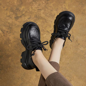 Zapatos de Plataforma con Cordones y Punta Redonda Estilo Británico Otoñal, Zapatos Casuales Ligeros de Cuero Real para Mujer, Zapatos Retro - Product Image 3