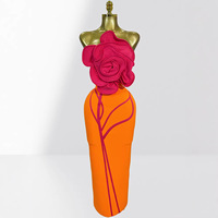 Robe Midi Élégante Anti-Plis à Col en V Sans Manches avec Grande Fleur Orange en Relief Rose Rouge – Vente en Gros Usine