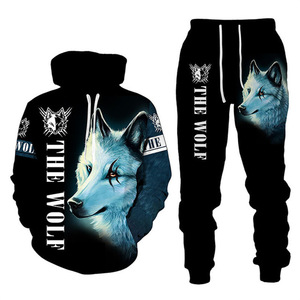 Set di abbigliamento sportivo 2 pezzi personalizzato con stampa lupo da uomo con cappuccio e pantaloni da Jogger per coppie sportive - Product Image 5