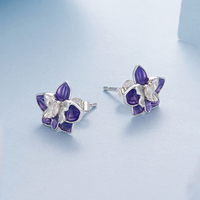Ohrstecker aus 925er-Sterlingsilber mit lila Orchideenblüten, Schmetterlings-Ohrstecker für Damen, originelles edles Schmuckgeschenk für Mama BSE1301