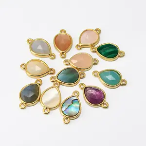 JF8712 Dainty Gold Plated Faceted Natural mondstein Semiprecious Stone Gemstone Teardrop Bezel Two Ring Connector