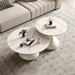 Ensemble de tables basses gigognes rondes modernes avec plateau en marbre, design minimaliste pour salon, base blanche - Product Image 1