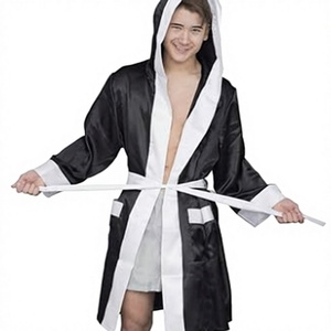 HAWK SPORTS INDUSTRIES Robe de boxe à capuche en satin noir avec bordure blanche, polyester durable, vêtements de sport confortables pour toutes les saisons - Product Image 1