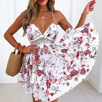 Robe d'été en dentelle de coton pour femmes Sexy Backless V-neck Beach Mini Dresses Sleeveless Spaghetti Strap Casual Dress