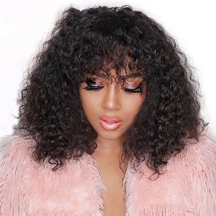 Afro Kinky Curly Bob Wig With Bangs Machine Made Pixie Cut Closure Wigs For Black Women Brazilian Curly T Part Human Hair Wigs