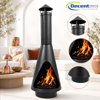 Brasero extérieur moderne en fer noir mat, conique, à ouverture en forme de goutte d'eau, avec capuchon de cheminée cylindrique, pour brûler du bois