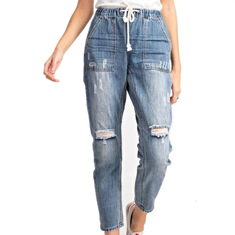 Hot Selling Modetrend hochwertige elastische Bund gewaschen zerrissene blaue Frauen Jeans benutzer definierte