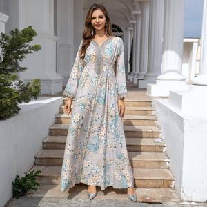 Supplier High Quality Middle East Muslim Printed Floral Evening V-Neck Breathable Waist Temperament Long Sleeve <b>Turkish</b> Dress - Product Image 3