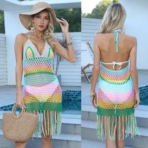 Mujeres Sexy sin mangas hecho a mano Crochet Fringe Beach Wear Bikini Cover Up Dress