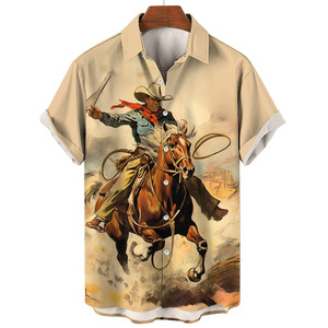 Camisetas de Manga Corta con Botones Estilo Vaquero Occidental Personalizadas con Estampado de Caballo para Hombre, Verano 2026, MOQ Bajo - Product Image 3